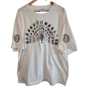 Vintage Peacock T-Shirt Womens XXL 90s White Beaded 3D Cottage Granny Bedazzled